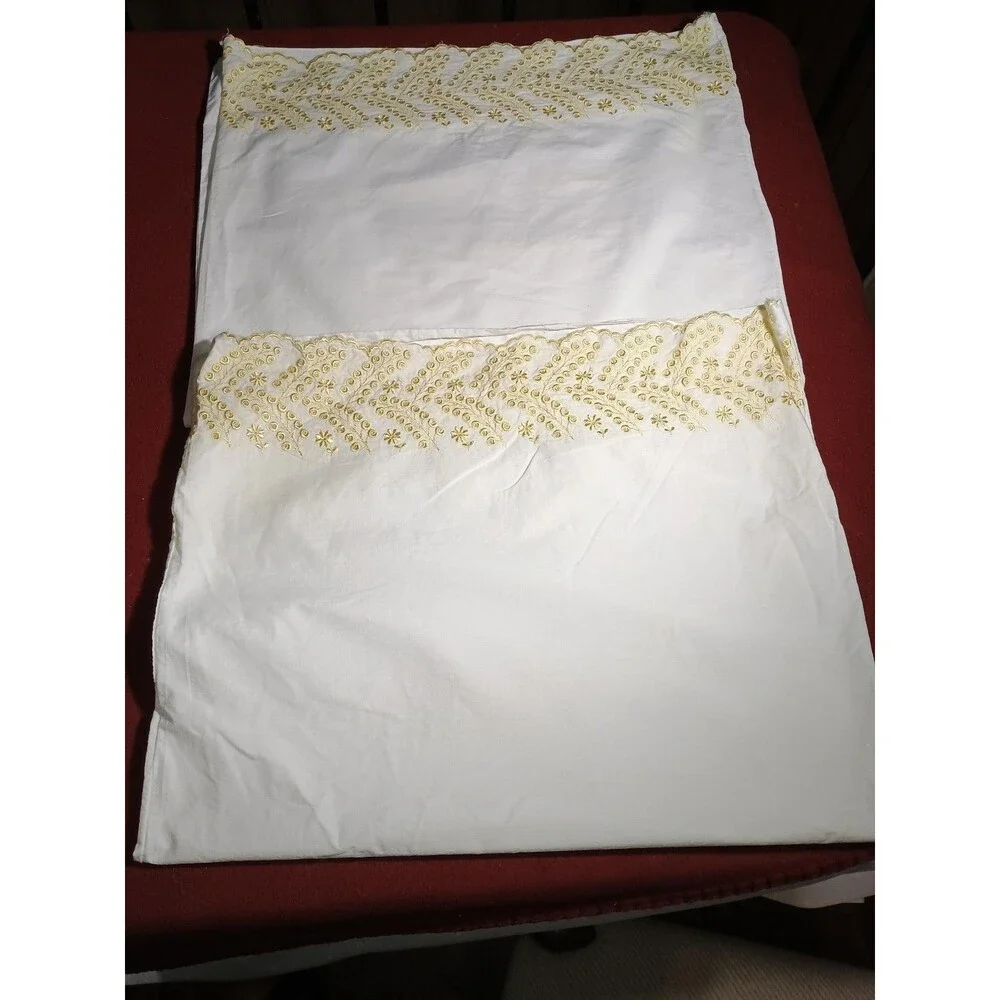 Pair of standard pillowcases cotton yellow eyelet embroidered cottagecore shabby